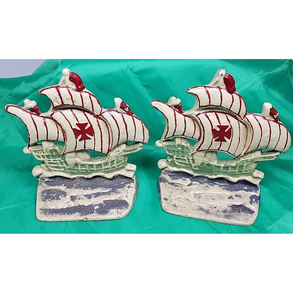 VINTAGE POLYCHROME SHIP BOOKENDS IRON 5 3/4"H x 5 3/4"W x  2"DEPTH DOORSTOPS
